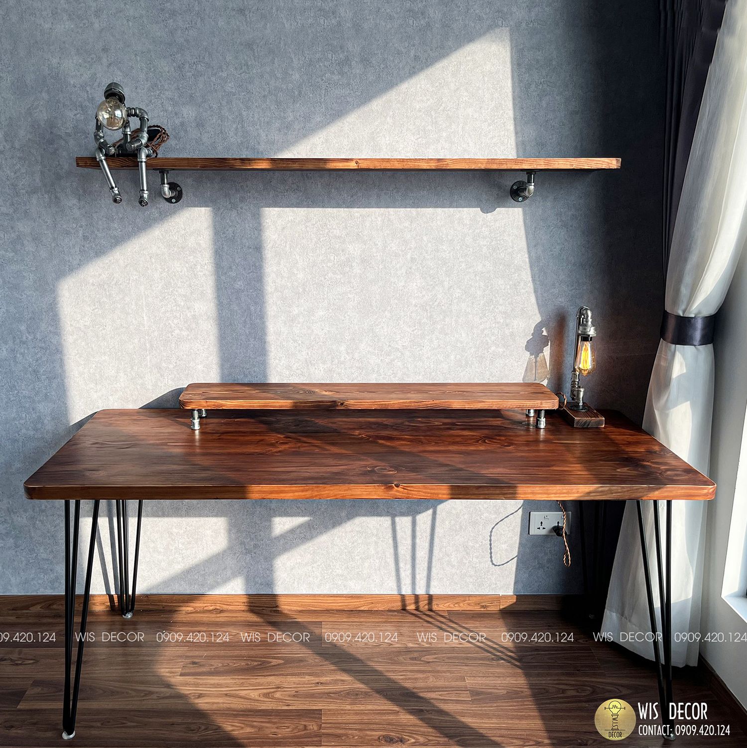 Bàn làm việc gỗ thông tự nhiên vintage, khung hairpin sơn tĩnh điện chất lượng 2 bàn làm việc gỗ thông